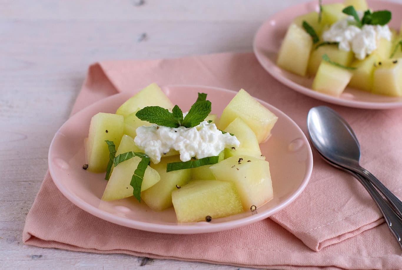 Meloensalade met munt en hüttenkäse