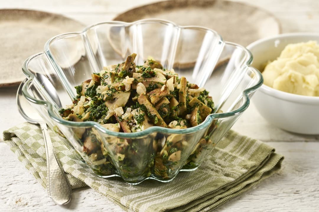 Boerenkool met vegetarische reepjes en paddenstoelen