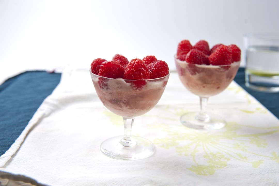 Dessert with raspberries and sorbet ice cream
