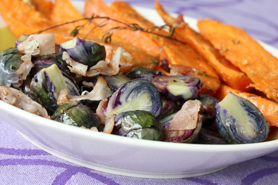 Roasted purple Brussels sprouts with sweet potatoes
