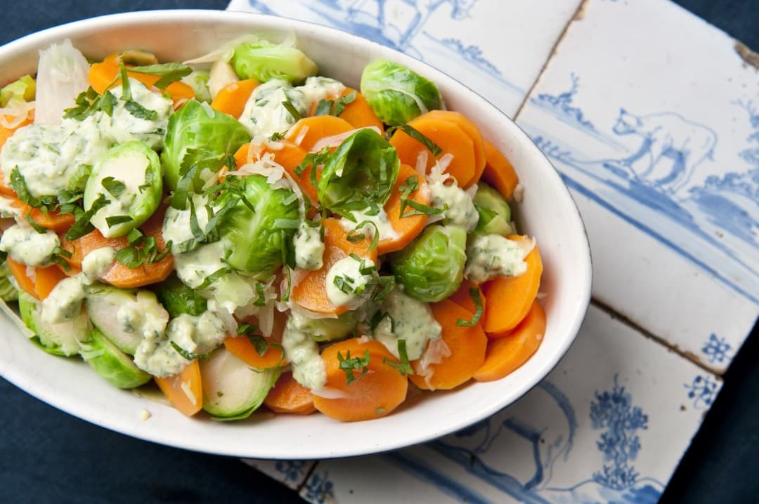 Steamed winter vegetables with parsley pesto