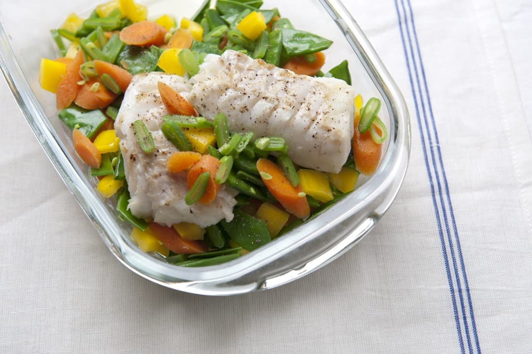 Cod with summer vegetables and baby potatoes