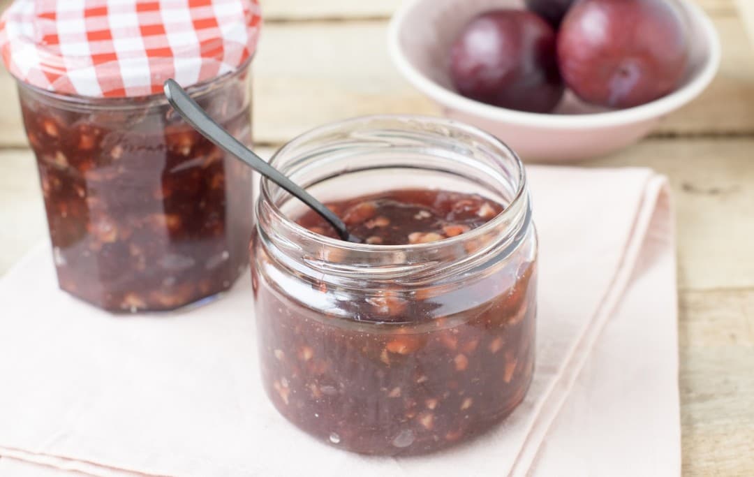 Homemade plum jam with walnuts