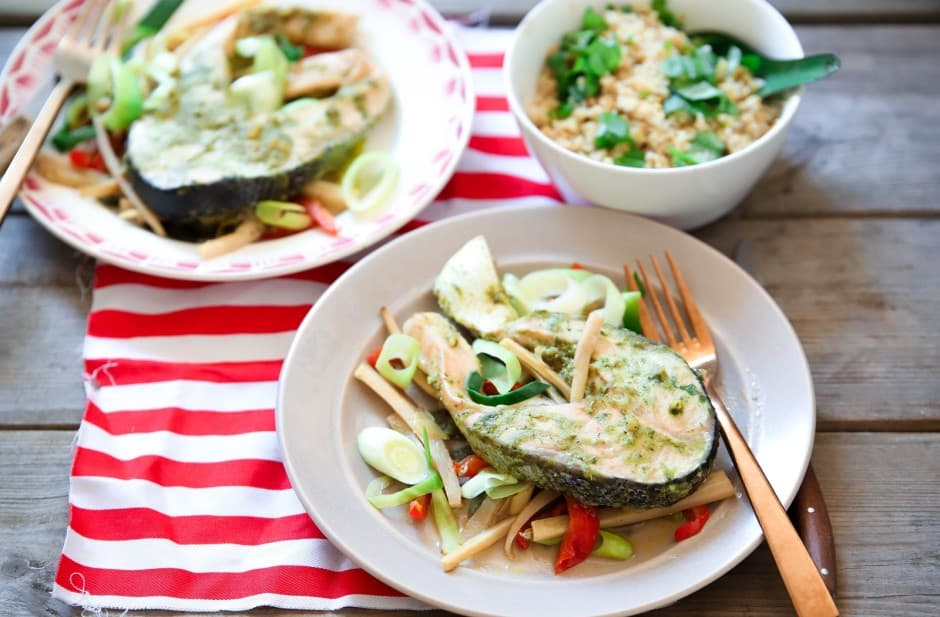 Bulgur met zalm en groente