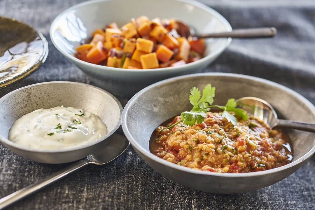 Dahl with sweet potato and coriander yoghurt