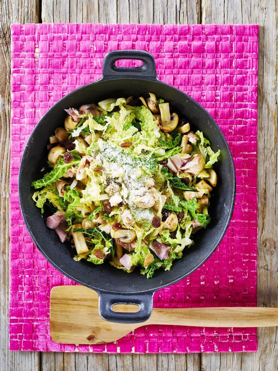 Stir-fried green cabbage with mushrooms, coconut, sultanas and fillet steak
