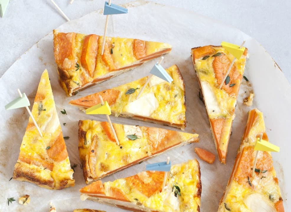Groentetaartje van zoete aardappel en prei