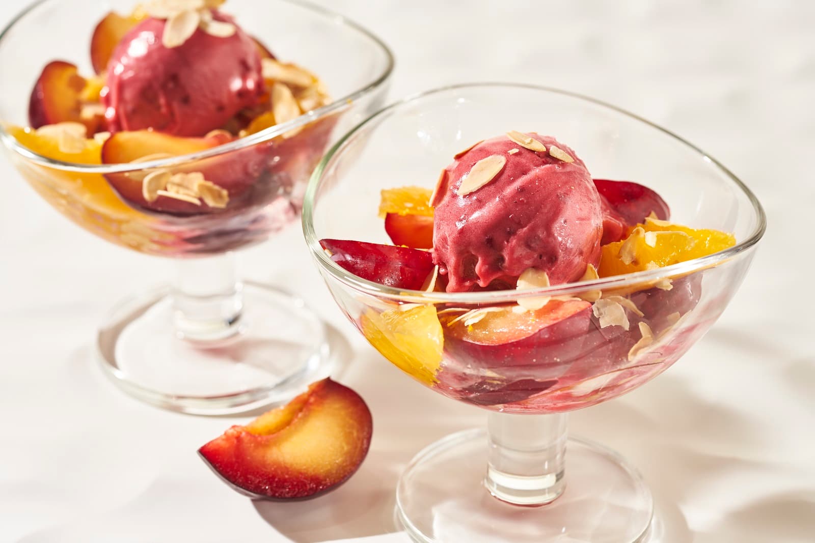Plum dessert with sorbet ice cream