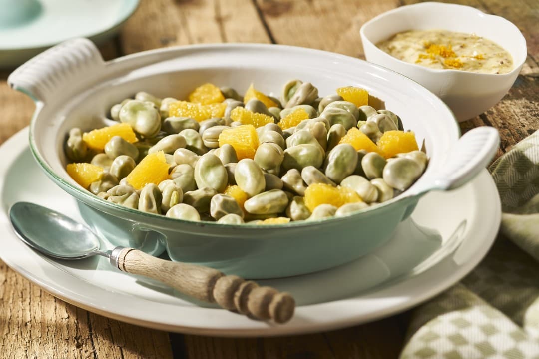 Tuinbonen met sinaasappelmosterdsaus