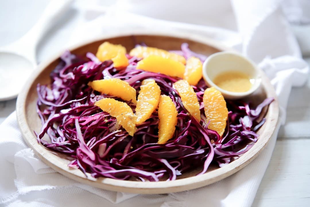 Red cabbage salad with orange and mustard